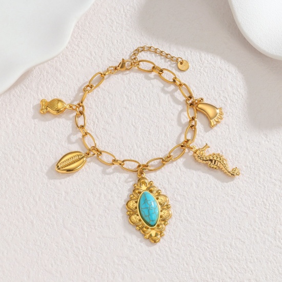 Picture of Wholesale Dolphin Animal 304 Stainless Steel Charm Bracelets, 18K Gold Plated PVD Vacuum Plating, Women's Style Of Royal Court Character Bohemia Boho Gift Jewelry Supply, 17cm(6.7") long, 1 Piece