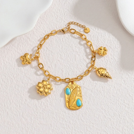 Picture of Wholesale Flower 304 Stainless Steel Charm Bracelets, 18K Gold Plated PVD Vacuum Plating, Women's Style Of Royal Court Character Bohemia Boho Gift Jewelry Supply, 17cm(6.7") long, 1 Piece