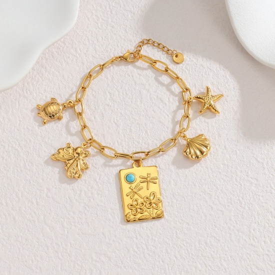 Picture of Wholesale Pentagram Star 304 Stainless Steel Charm Bracelets, 18K Gold Plated PVD Vacuum Plating, Women's Style Of Royal Court Character Bohemia Boho Gift Jewelry Supply, 17cm(6.7") long, 1 Piece