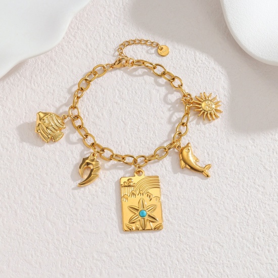 Picture of Wholesale Dolphin Animal 304 Stainless Steel Charm Bracelets, 18K Gold Plated PVD Vacuum Plating, Women's Style Of Royal Court Character Bohemia Boho Gift Jewelry Supply, 17cm(6.7") long, 1 Piece