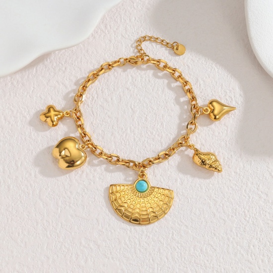 Picture of Wholesale Heart 304 Stainless Steel Charm Bracelets, 18K Gold Plated PVD Vacuum Plating, Women's Style Of Royal Court Character Bohemia Boho Gift Jewelry Supply, 17cm(6.7") long, 1 Piece