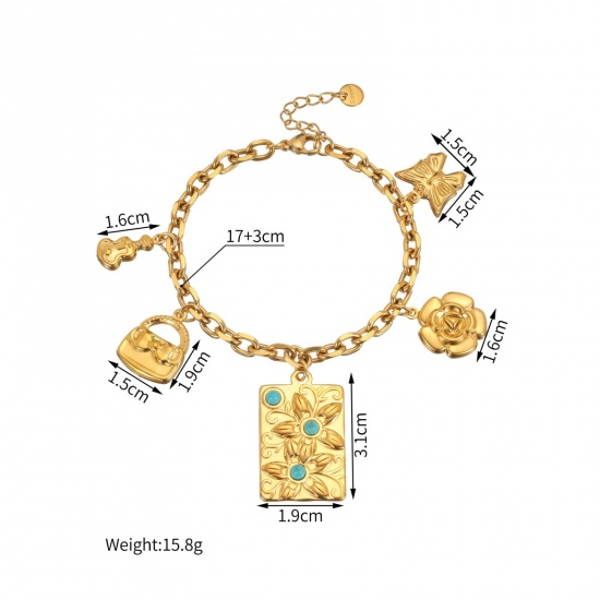 Picture of Wholesale Flower 304 Stainless Steel Charm Bracelets, 18K Gold Plated PVD Vacuum Plating, Women's Style Of Royal Court Character Bohemia Boho Gift Jewelry Supply, 17cm(6.7") long, 1 Piece