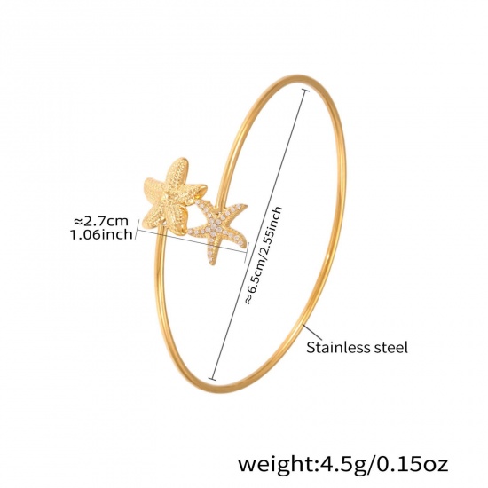 Immagine di Stella di Mare 304 Acciaio Inossidabile Aprire Braccialetti All'Ingrosso, Placcato Oro 18K Placcatura Sottovuoto PVD, Donne Gioielli Oceanici Elegante Regalo Fornitura di Gioielli, 6.5cm Dia., 1 Pz