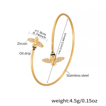 Picture of Wholesale Bee Animal 304 Stainless Steel Open Cuff Bangles Bracelets, 18K Gold Plated PVD Vacuum Plating, Women's Insect Stylish Gift Jewelry Supply, 6.1cm Dia., 1 Piece