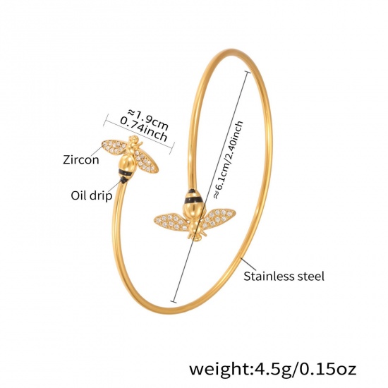 Immagine di Ape 304 Acciaio Inossidabile Aprire Braccialetti All'Ingrosso, Placcato Oro 18K Placcatura Sottovuoto PVD, Donne Insetto Elegante Regalo Fornitura di Gioielli, 6.1cm Dia., 1 Pz