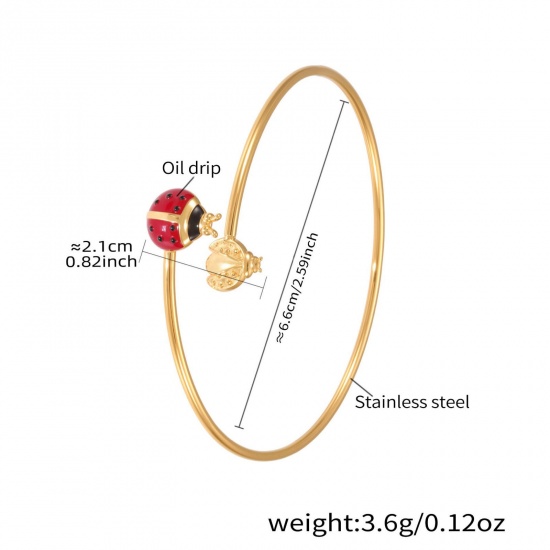 Immagine di Coccinella 304 Acciaio Inossidabile Aprire Braccialetti All'Ingrosso, Placcato Oro 18K Placcatura Sottovuoto PVD, Donne Insetto Elegante Regalo Fornitura di Gioielli, 6.6cm Dia., 1 Pz