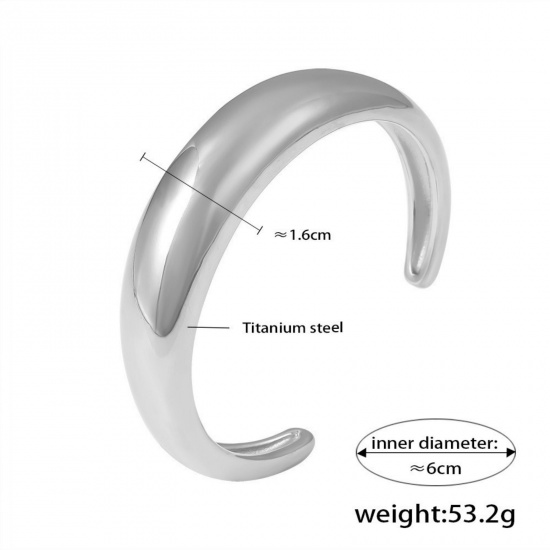 Picture of Wholesale Smooth Blank 304 Stainless Steel Open Cuff Bangles Bracelets, Silver Tone PVD Vacuum Plating, Women's Exquisite Stylish Gift Jewelry Supply, 6cm Dia., 1 Piece