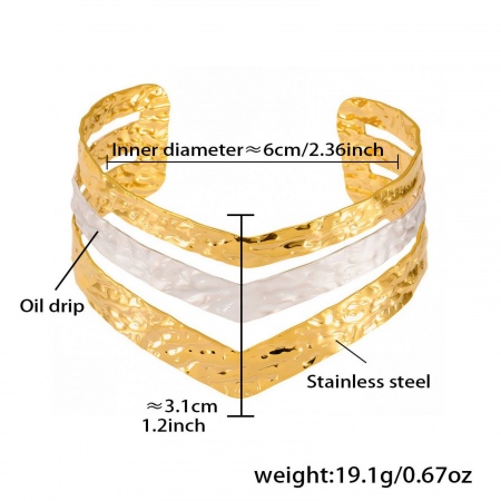 Picture of Wholesale Stripe White Enamel 304 Stainless Steel Open Cuff Bangles Bracelets, 18K Gold Plated PVD Vacuum Plating, Women's Exquisite Stylish Gift Jewelry Supply, 6cm Dia., 1 Piece