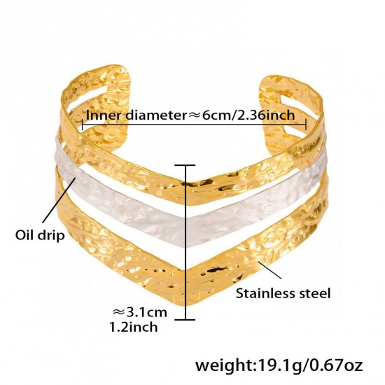 Immagine di Striscia Bianco Smalto 304 Acciaio Inossidabile Aprire Braccialetti All'Ingrosso, Placcato Oro 18K Placcatura Sottovuoto PVD, Donne Squisito Elegante Regalo Fornitura di Gioielli, 6cm Dia., 1 Pz