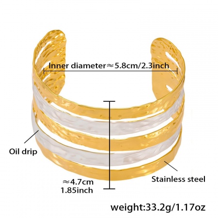 Picture of Wholesale Stripe White Enamel 304 Stainless Steel Open Cuff Bangles Bracelets, 18K Gold Plated PVD Vacuum Plating, Women's Exquisite Stylish Gift Jewelry Supply, 5.8cm Dia., 1 Piece