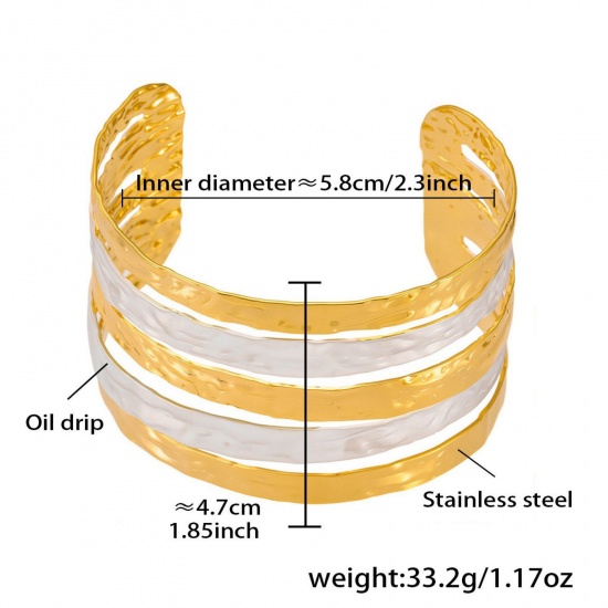 Immagine di Striscia Bianco Smalto 304 Acciaio Inossidabile Aprire Braccialetti All'Ingrosso, Placcato Oro 18K Placcatura Sottovuoto PVD, Donne Squisito Elegante Regalo Fornitura di Gioielli, 5.8cm Dia., 1 Pz