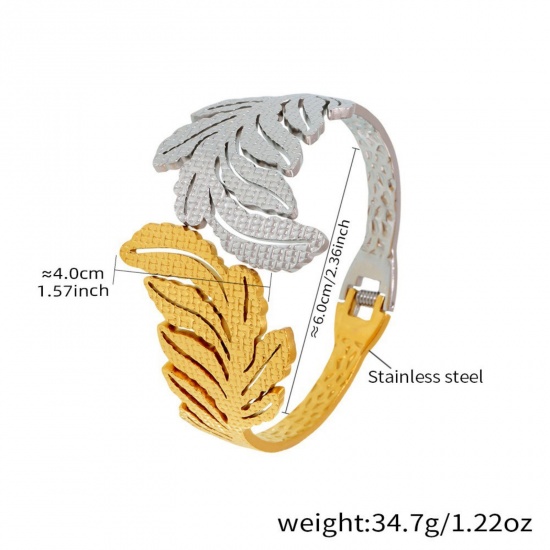 Picture of Wholesale Feather Two Tone 304 Stainless Steel Bangles Bracelets, Silver Tone & 18K Gold Plated PVD Vacuum Plating, Women's Retro Stylish Gift Jewelry Supply, 6cm Dia., 1 Piece