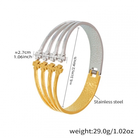 Picture of Wholesale Four Leaf Clover Two Tone 304 Stainless Steel Bangles Bracelets, Silver Tone & 18K Gold Plated PVD Vacuum Plating, Women's Retro Stylish Gift Jewelry Supply, 6.1cm Dia., 1 Piece