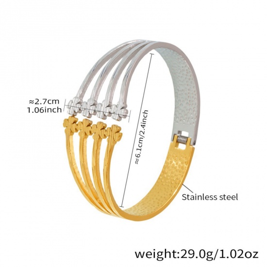 Picture of Wholesale Four Leaf Clover Two Tone 304 Stainless Steel Bangles Bracelets, Silver Tone & 18K Gold Plated PVD Vacuum Plating, Women's Retro Stylish Gift Jewelry Supply, 6.1cm Dia., 1 Piece