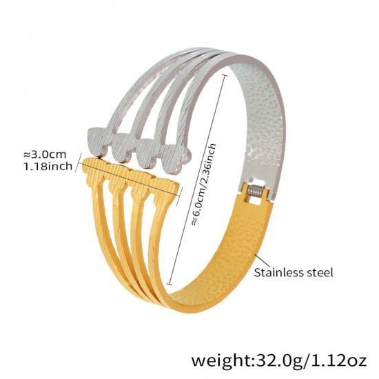 Picture of Wholesale Heart Two Tone 304 Stainless Steel Bangles Bracelets, Silver Tone & 18K Gold Plated PVD Vacuum Plating, Women's Retro Stylish Gift Jewelry Supply, 6cm Dia., 1 Piece