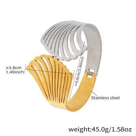 Picture of Wholesale Fan-shaped Two Tone 304 Stainless Steel Bangles Bracelets, Silver Tone & 18K Gold Plated PVD Vacuum Plating, Women's Retro Stylish Gift Jewelry Supply, 6cm Dia., 1 Piece