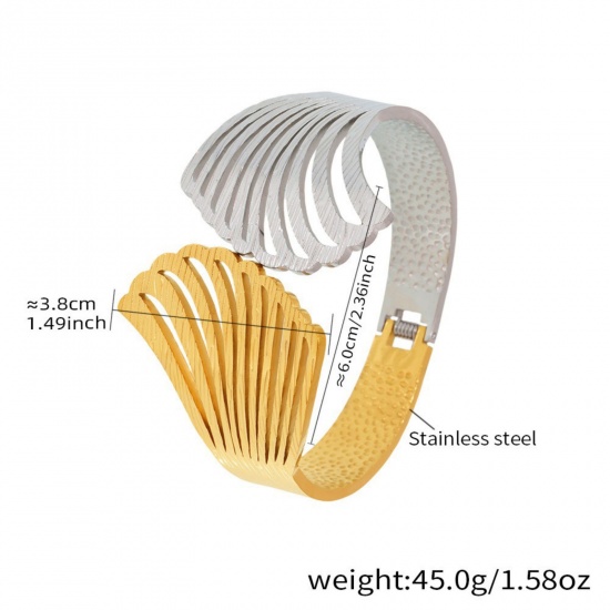 Picture of Wholesale Fan-shaped Two Tone 304 Stainless Steel Bangles Bracelets, Silver Tone & 18K Gold Plated PVD Vacuum Plating, Women's Retro Stylish Gift Jewelry Supply, 6cm Dia., 1 Piece