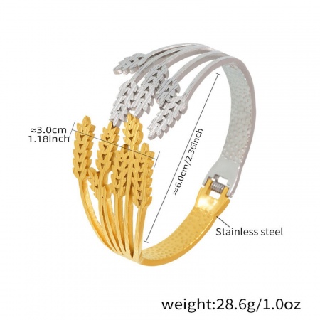 Picture of Wholesale Ear Of Wheat Two Tone 304 Stainless Steel Bangles Bracelets, Silver Tone & 18K Gold Plated PVD Vacuum Plating, Women's Retro Stylish Gift Jewelry Supply, 6cm Dia., 1 Piece