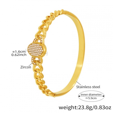 Picture of Wholesale Clear Cubic Zirconia 304 Stainless Steel Bangles Bracelets, 18K Gold Plated PVD Vacuum Plating, Women's Exquisite Stylish Gift Jewelry Supply, 5.9cm Dia., 1 Piece