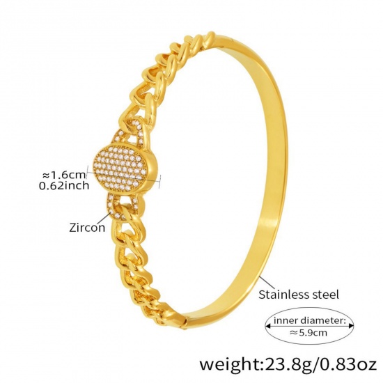 Picture of Wholesale Clear Cubic Zirconia 304 Stainless Steel Bangles Bracelets, 18K Gold Plated PVD Vacuum Plating, Women's Exquisite Stylish Gift Jewelry Supply, 5.9cm Dia., 1 Piece