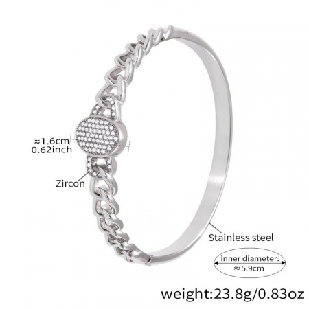 Picture of Wholesale Clear Cubic Zirconia 304 Stainless Steel Bangles Bracelets, Silver Tone PVD Vacuum Plating, Women's Exquisite Stylish Gift Jewelry Supply, 5.9cm Dia., 1 Piece