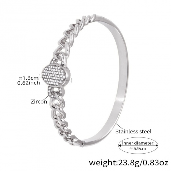 Picture of Wholesale Clear Cubic Zirconia 304 Stainless Steel Bangles Bracelets, Silver Tone PVD Vacuum Plating, Women's Exquisite Stylish Gift Jewelry Supply, 5.9cm Dia., 1 Piece