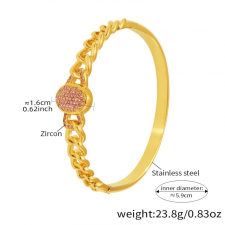 Picture of Wholesale Pink Cubic Zirconia 304 Stainless Steel Bangles Bracelets, 18K Gold Plated PVD Vacuum Plating, Women's Exquisite Stylish Gift Jewelry Supply, 5.9cm Dia., 1 Piece