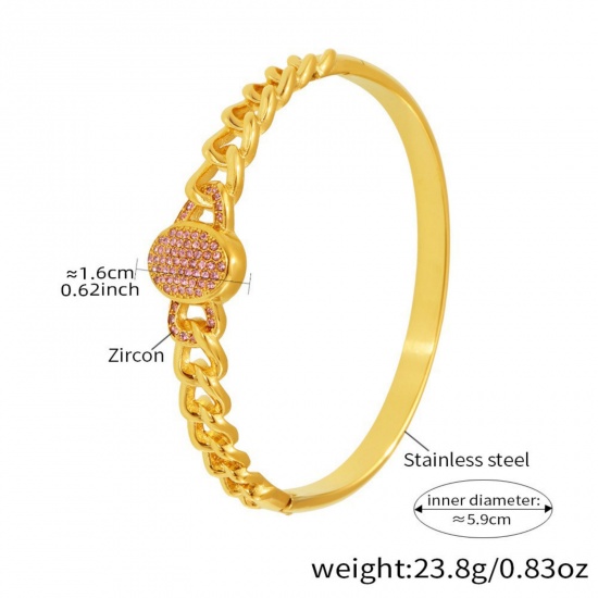 Picture of Wholesale Pink Cubic Zirconia 304 Stainless Steel Bangles Bracelets, 18K Gold Plated PVD Vacuum Plating, Women's Exquisite Stylish Gift Jewelry Supply, 5.9cm Dia., 1 Piece