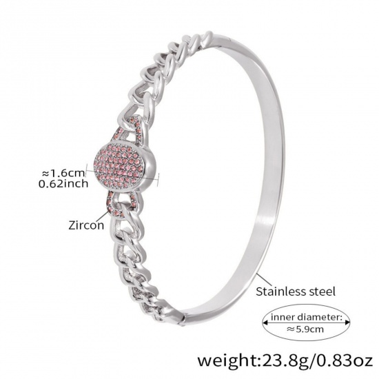 Picture of Wholesale Pink Cubic Zirconia 304 Stainless Steel Bangles Bracelets, Silver Tone PVD Vacuum Plating, Women's Exquisite Stylish Gift Jewelry Supply, 5.9cm Dia., 1 Piece