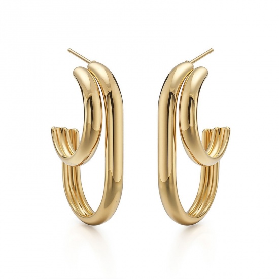 Picture of Wholesale Exquisite Stylish Ear Post Stud Earrings, C Shaped 18K Gold Plated 304 Stainless Steel, Women's Eco-friendly PVD Vacuum Plating Gift Jewelry Supply, 3.2cm x 3cm, 1 Pair