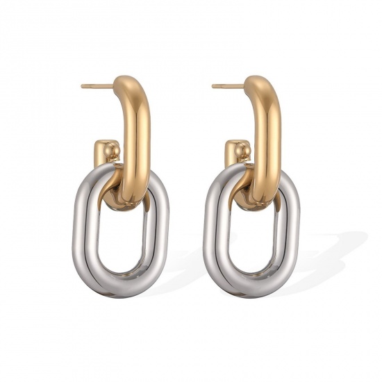 Picture of Wholesale Simple Stylish Ear Post Stud Earrings, Two Tone 18K Gold Plated & Silver Tone 304 Stainless Steel, Women's PVD Vacuum Plating Gift Jewelry Supply, 3.1cm x 1.3cm, 1 Pair