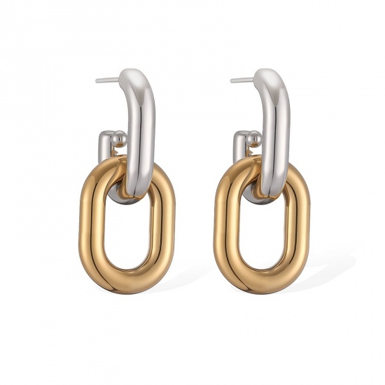 Picture of Wholesale Simple Stylish Ear Post Stud Earrings, Two Tone Silver Tone & 18K Gold Plated 304 Stainless Steel, Women's PVD Vacuum Plating Gift Jewelry Supply, 3.1cm x 1.3cm, 1 Pair