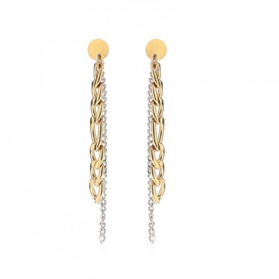 Picture of Wholesale Ins Style Stylish Tassel Earrings, Two Tone Silver Tone & 18K Gold Plated 304 Stainless Steel, Women's PVD Vacuum Plating Gift Jewelry Supply, 5.7cm x 0.5cm, 1 Pair