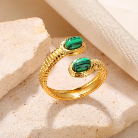 Picture of Wholesale Women's Gift Imitation Malachite Open Rings, 18K Gold Plated 304 Stainless Steel, Eco-friendly PVD Vacuum Plating Exquisite Stylish Jewelry Supply, 18mm(US Size 7.75), 1 Piece