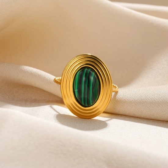 Picture of Wholesale Women's Gift Imitation Malachite Open Rings, 18K Gold Plated 304 Stainless Steel, Eco-friendly PVD Vacuum Plating Exquisite Stylish Jewelry Supply, 18mm(US Size 7.75), 1 Piece