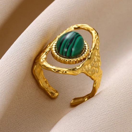 Picture of Wholesale Women's Gift Imitation Malachite Open Rings, 18K Gold Plated 304 Stainless Steel, Eco-friendly PVD Vacuum Plating Exquisite Stylish Jewelry Supply, 18mm(US Size 7.75), 1 Piece