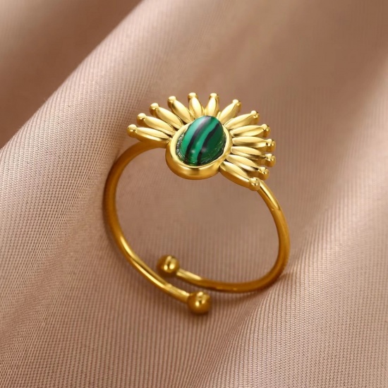 Picture of Wholesale Women's Gift Imitation Malachite Open Rings, 18K Gold Plated 304 Stainless Steel, Eco-friendly PVD Vacuum Plating Exquisite Stylish Jewelry Supply, 18mm(US Size 7.75), 1 Piece