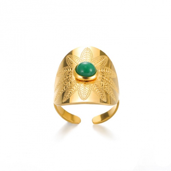 Picture of Wholesale Women's Gift Imitation Malachite Open Rings, 18K Gold Plated 304 Stainless Steel, Eco-friendly PVD Vacuum Plating Exquisite Stylish Jewelry Supply, 18mm(US Size 7.75), 1 Piece