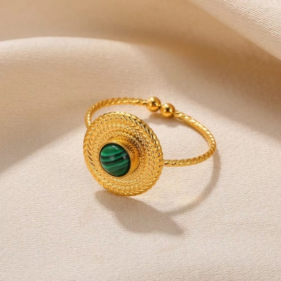 Picture of Wholesale Women's Gift Imitation Malachite Open Rings, 18K Gold Plated 304 Stainless Steel, Eco-friendly PVD Vacuum Plating Exquisite Stylish Jewelry Supply, 18mm(US Size 7.75), 1 Piece