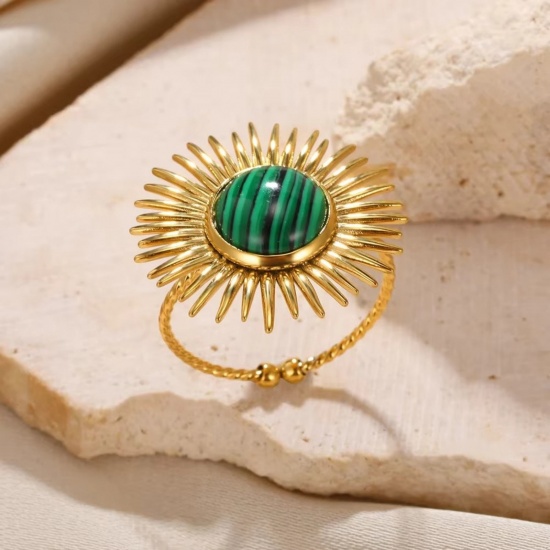 Picture of Wholesale Women's Gift Imitation Malachite Open Rings, 18K Gold Plated 304 Stainless Steel, Eco-friendly PVD Vacuum Plating Exquisite Stylish Jewelry Supply, 18mm(US Size 7.75), 1 Piece