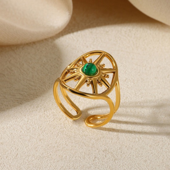 Picture of Wholesale Women's Gift Imitation Malachite Open Rings, 18K Gold Plated 304 Stainless Steel, Eco-friendly PVD Vacuum Plating Exquisite Stylish Jewelry Supply, 18mm(US Size 7.75), 1 Piece