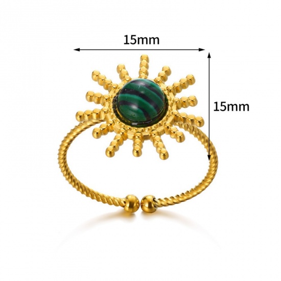 Picture of Wholesale Women's Gift Imitation Malachite Open Rings, 18K Gold Plated 304 Stainless Steel, Eco-friendly PVD Vacuum Plating Exquisite Stylish Jewelry Supply, 18mm(US Size 7.75), 1 Piece