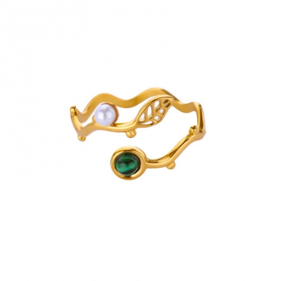 Picture of Wholesale Women's Gift Imitation Malachite Open Rings, 18K Gold Plated 304 Stainless Steel, Eco-friendly PVD Vacuum Plating Exquisite Stylish Jewelry Supply, 18mm(US Size 7.75), 1 Piece