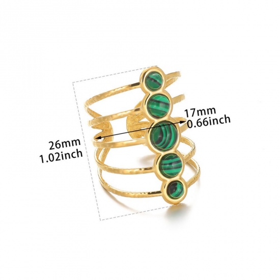 Picture of Wholesale Women's Gift Imitation Malachite Open Rings, 18K Gold Plated 304 Stainless Steel, Eco-friendly PVD Vacuum Plating Exquisite Stylish Jewelry Supply, 18mm(US Size 7.75), 1 Piece