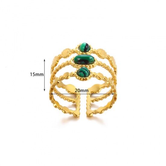 Picture of Wholesale Women's Gift Imitation Malachite Open Rings, 18K Gold Plated 304 Stainless Steel, Eco-friendly PVD Vacuum Plating Exquisite Stylish Jewelry Supply, 18mm(US Size 7.75), 1 Piece