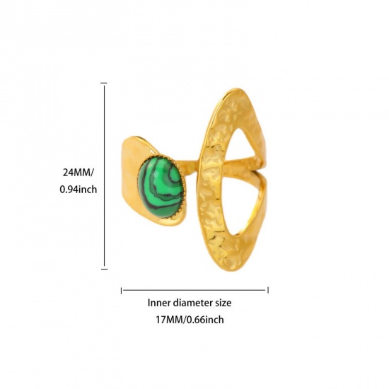 Picture of Wholesale Women's Gift Imitation Malachite Open Rings, 18K Gold Plated 304 Stainless Steel, Eco-friendly PVD Vacuum Plating Exquisite Stylish Jewelry Supply, 18mm(US Size 7.75), 1 Piece