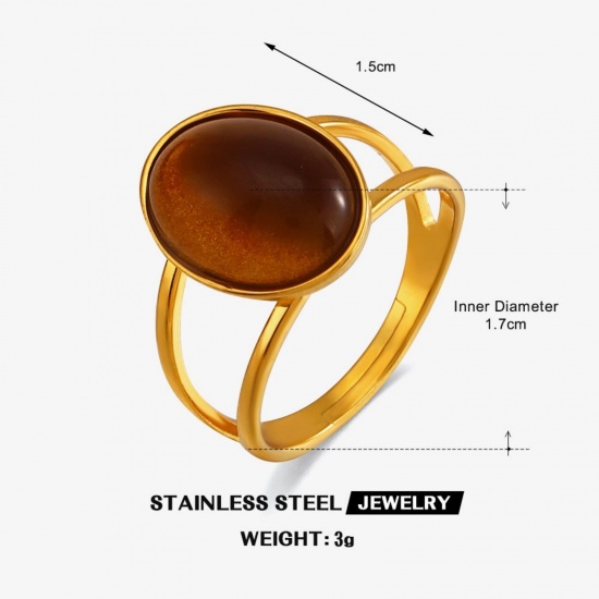 Picture of Wholesale Women's Gift Oval Brown With Resin Cabochons Open Adjustable Rings, 18K Gold Plated 304 Stainless Steel, Eco-friendly PVD Vacuum Plating Exquisite Stylish Jewelry Supply, 17mm(US Size 6.5), 1 Piece