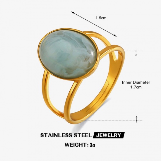 Picture of Wholesale Women's Gift Oval Blue With Resin Cabochons Open Adjustable Rings, 18K Gold Plated 304 Stainless Steel, Eco-friendly PVD Vacuum Plating Exquisite Stylish Jewelry Supply, 17mm(US Size 6.5), 1 Piece