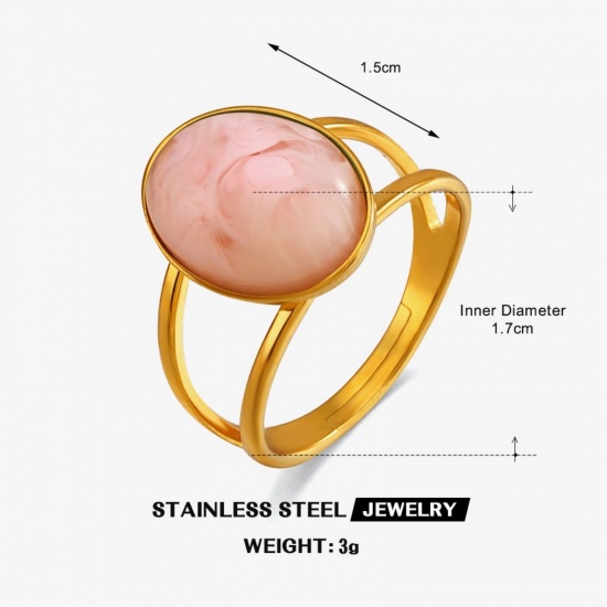Picture of Wholesale Women's Gift Oval Pink With Resin Cabochons Open Adjustable Rings, 18K Gold Plated 304 Stainless Steel, Eco-friendly PVD Vacuum Plating Exquisite Stylish Jewelry Supply, 17mm(US Size 6.5), 1 Piece