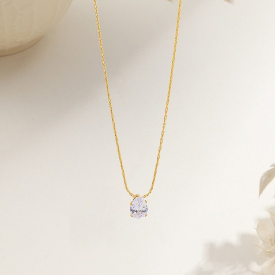 Picture of Wholesale Drop Clear Rhinestone Pendant Charm Necklace, 18K Gold Plated 304 Stainless Steel Crimpable Chain, Women's Eco-friendly Exquisite Stylish Gift Jewelry For Retailer, 40cm(15.7") + 5cm(2") long, 1 Piece